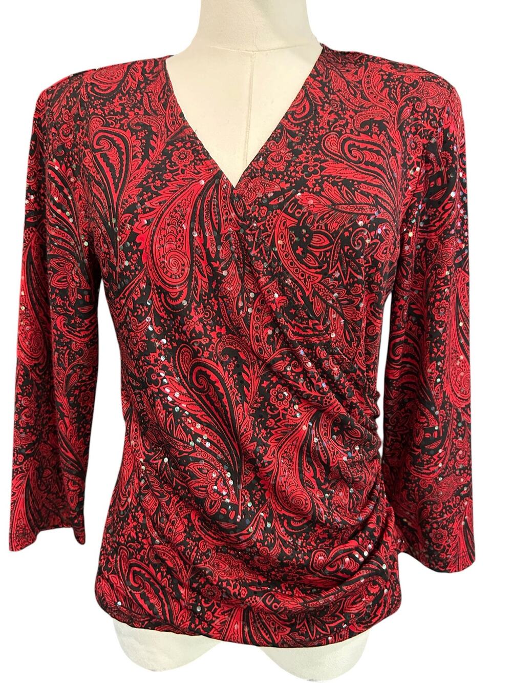 Vintage 90s JBS Red Black Paisley Sequin Ruched Top Whimsigoth Y2K M USA Holiday